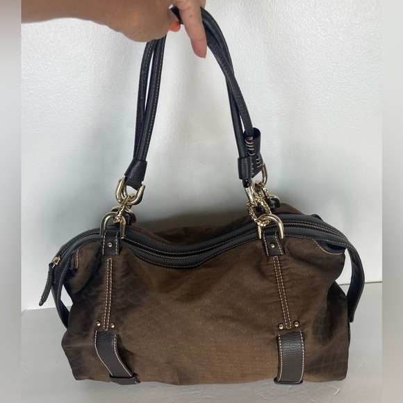 Etienne Aigner Shoulder Bag Brown Double Strap Fabric Leather Trim Gold Metal - Picture 2 of 9